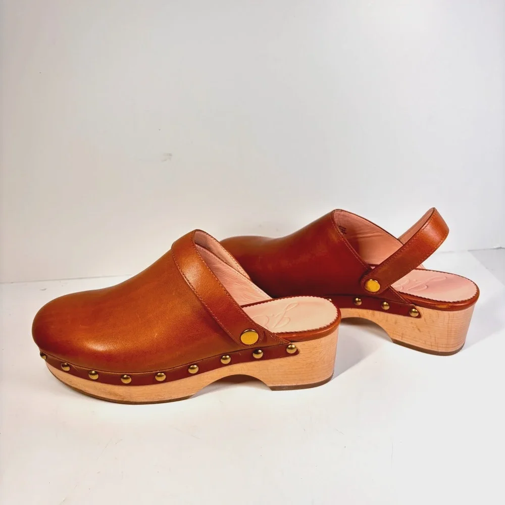J. Crew Convertible Leather Clogs Brown Studded Wood Sole Slingback Size 6.5 US